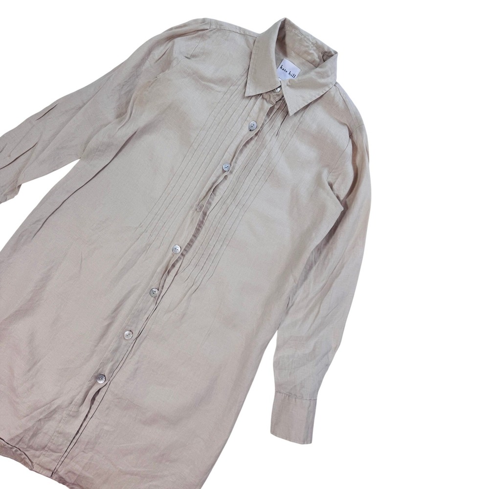Kate Hill Women Beige 100% Linen Pintuck Button Down Shirt Dress Size 2 Long Slv